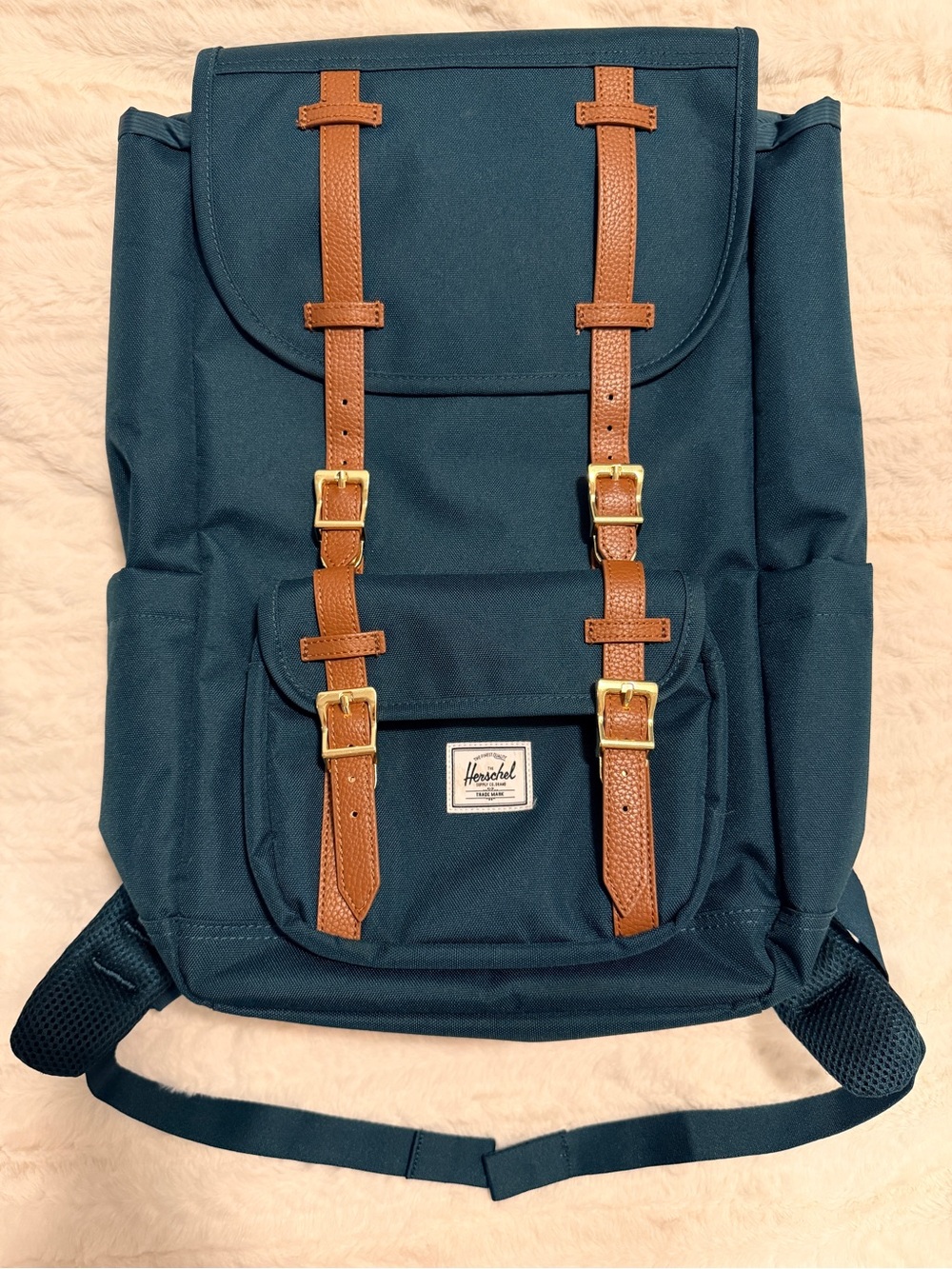 Herschel Supply Company Dark Sea Green Backpack with Brown Straps Gold Hardwares